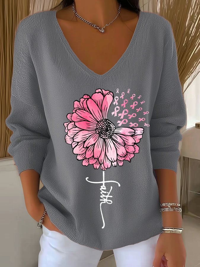 Women's Faith Breast Cancer Awareness Sunflower Print T-Shirt