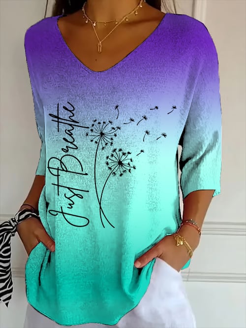 Women's Just Breathe Print V Neck Top