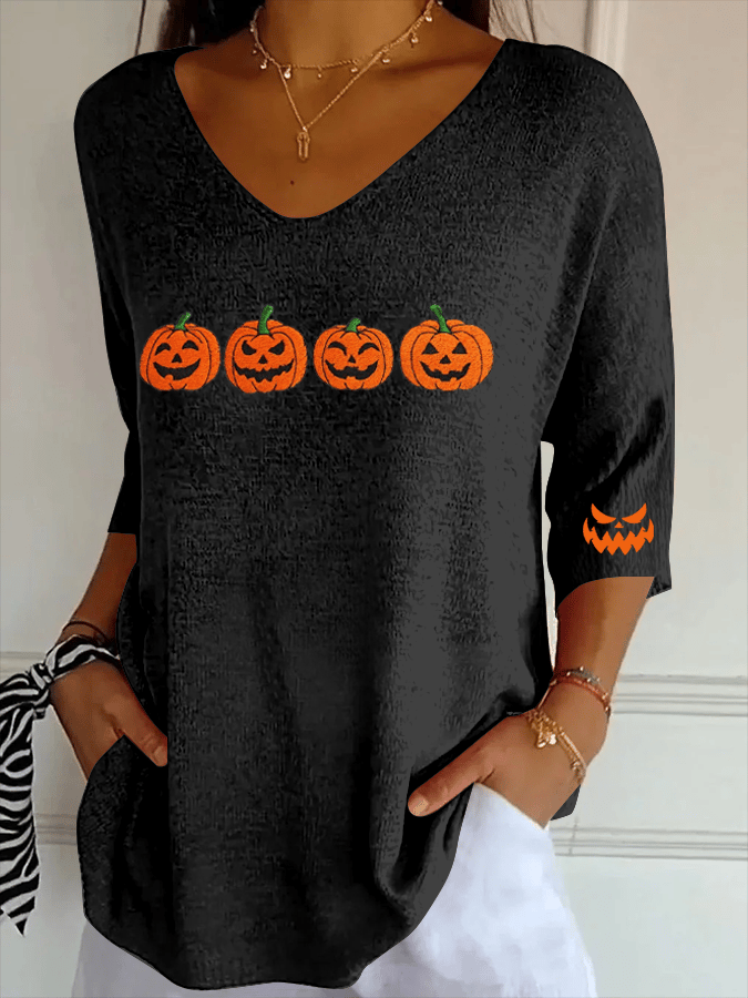 Women's Ghost Face Pumpkin Print Ribbed Fabric Casual V-Neck T-Shirt
