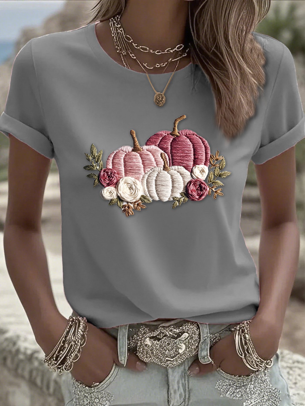 Women's casual pink pumpkin T-shirt