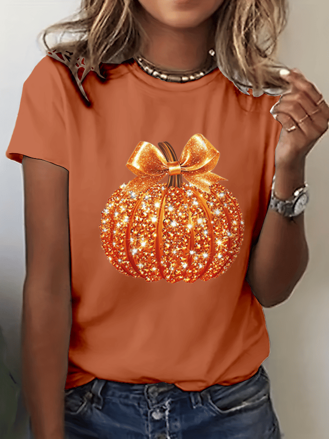 Women's Autumn Sequin Pumpkin Print Crew Neck T-Shirt