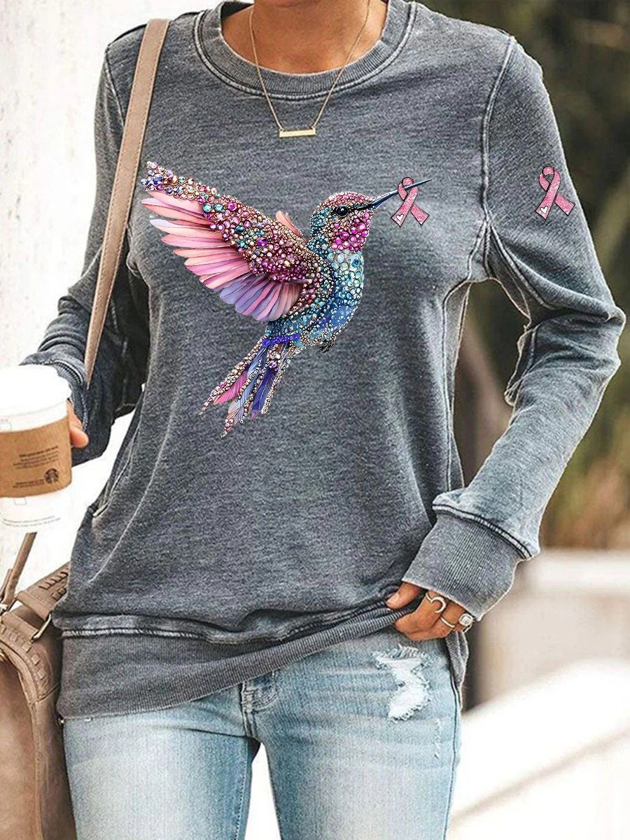 Women's Breast Cancer Awareness Hummingbird Ribbon Print Sweatshirt