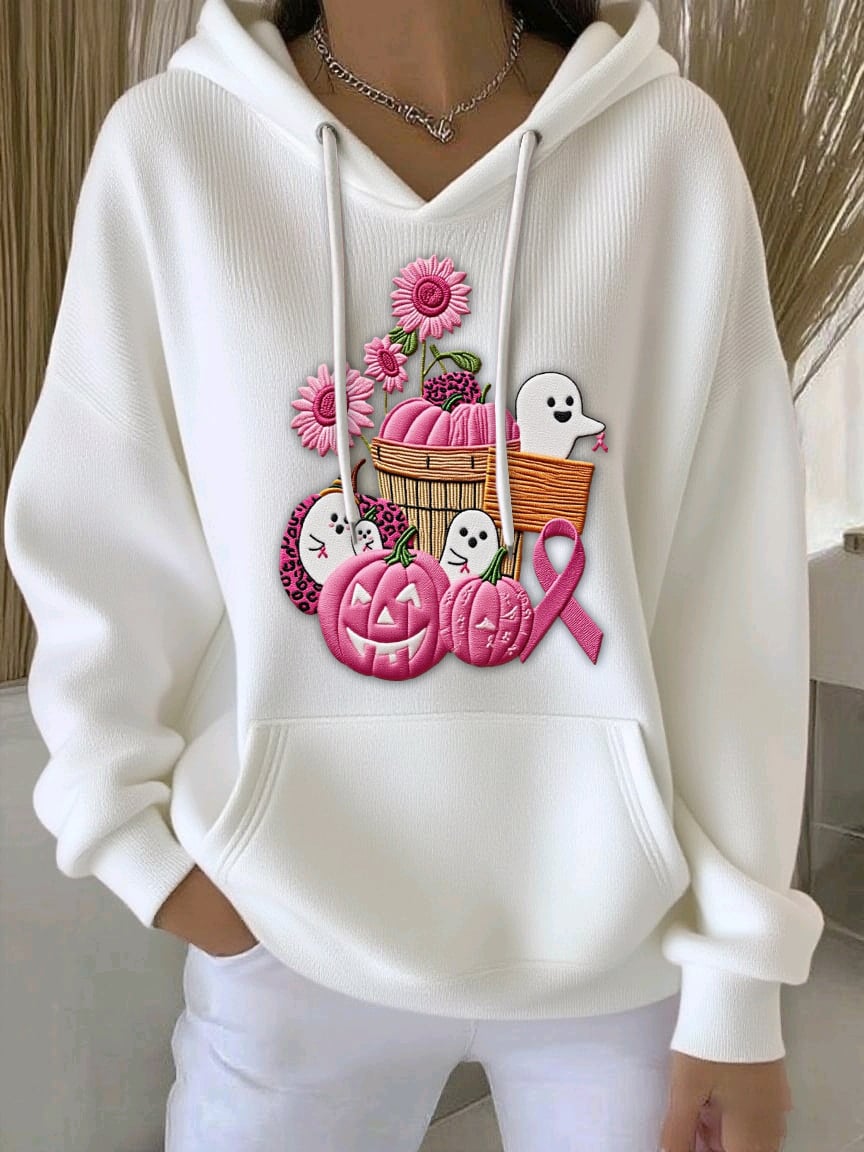 Women's Breast Cancer Sequin Pumpkin Print Casual Hoodie