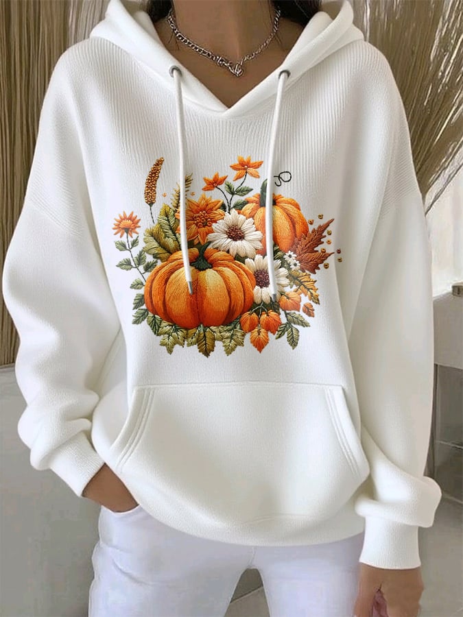 Women's Casual Autumn Pumpkin Long Sleeve Ribbed Hoodie