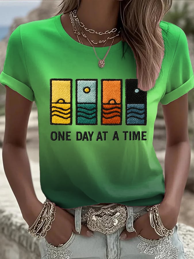 Women's Retro One Day At A Time Printed Casual T-Shirt