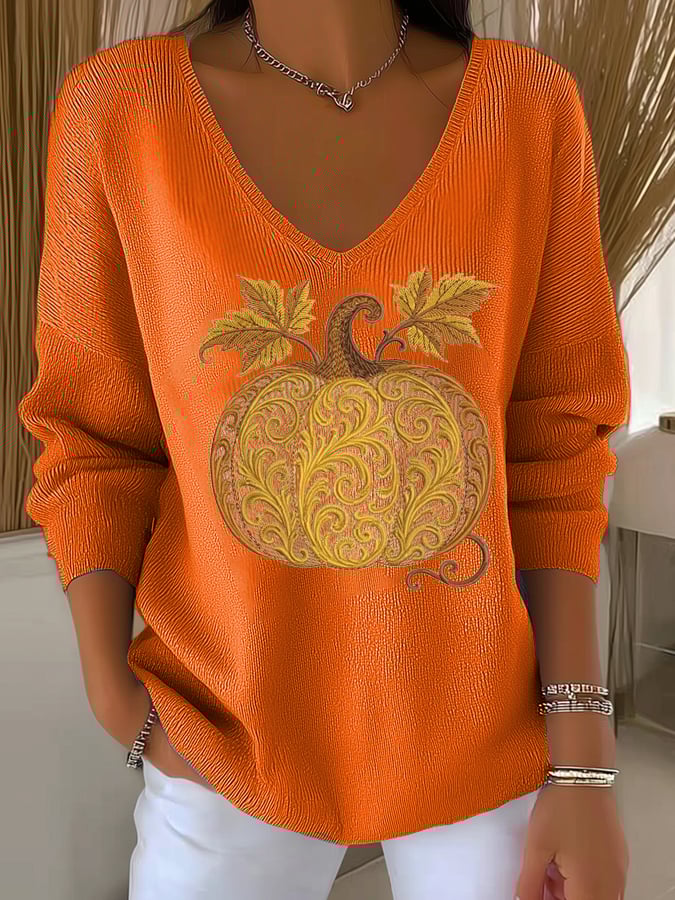 Women's Casual Trough Striped Autumn Pumpkin Floral Long Sleeve T-Shirt