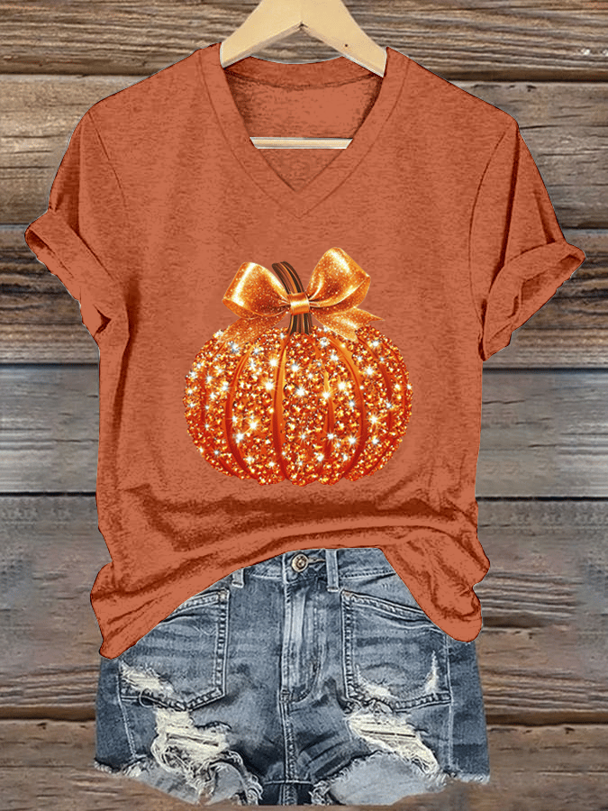 Women's Autumn Sequin Pumpkin Print V-Neck T-Shirt