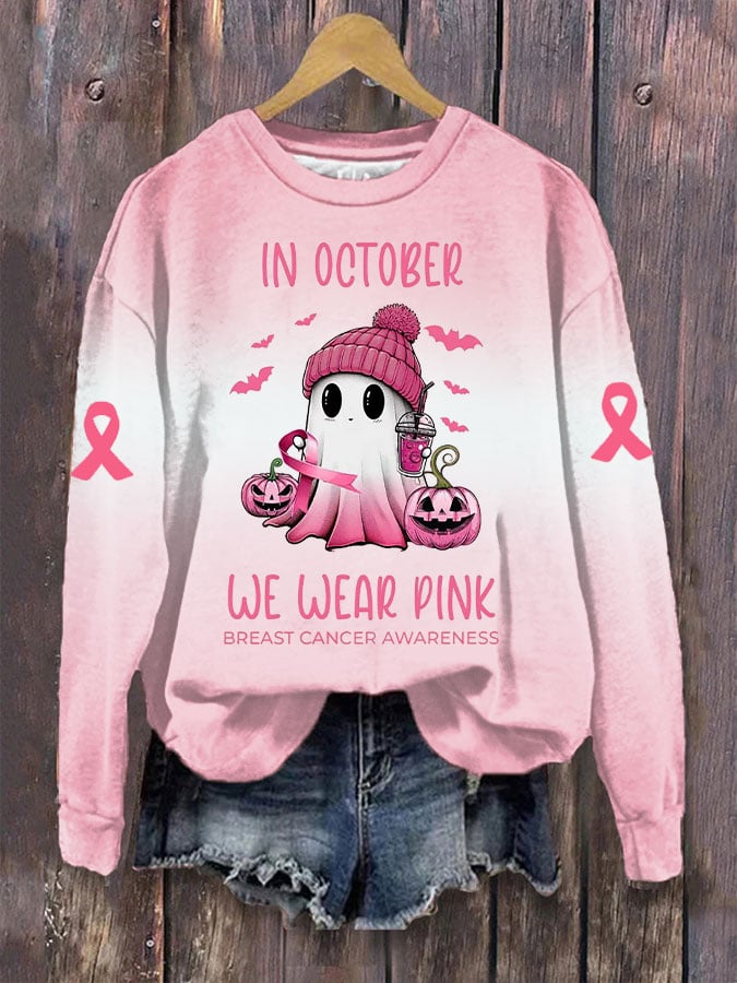 Women's Breast Cancer Ghost Print Crew Neck Sweatshirt