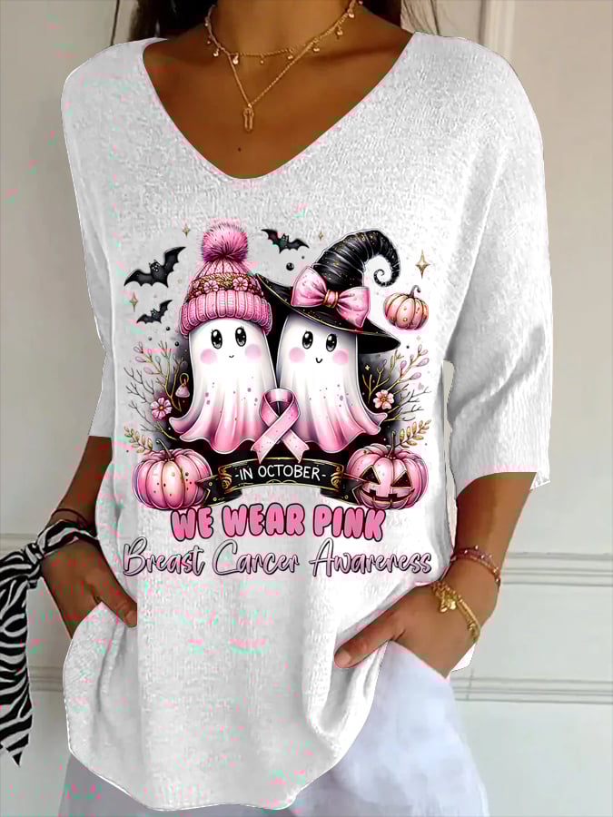Retro In October We Wear Pink Ghost Witch Breast Cancer Awareness Printed T-Shirt