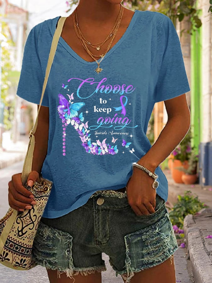 Women's V-Neck Suicide Prevention Awareness Print Casual T-Shirt