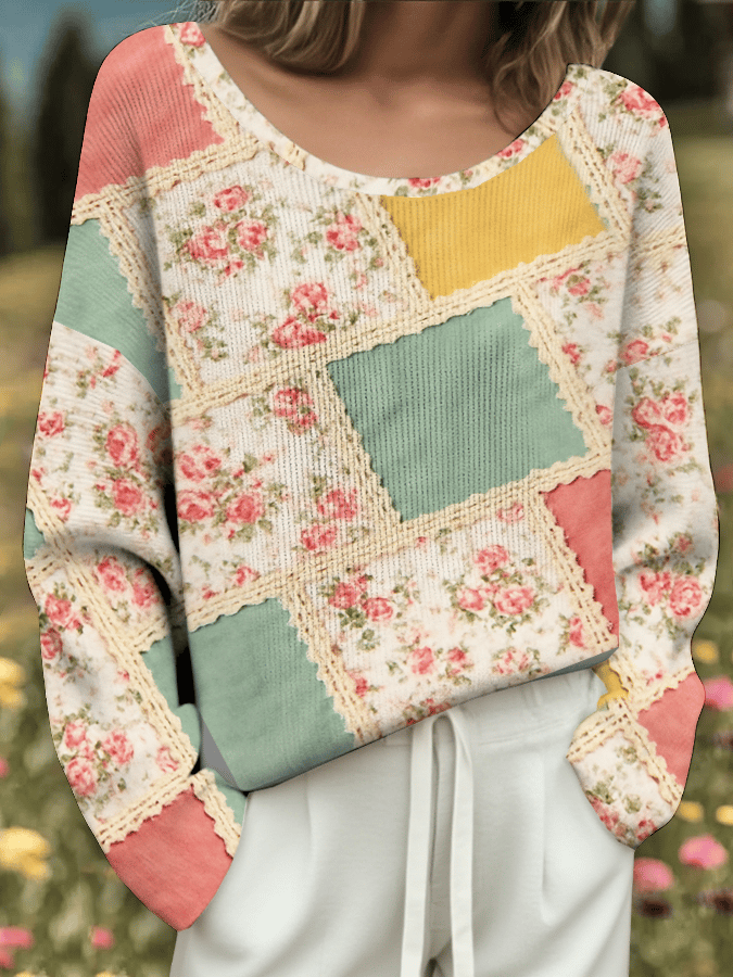 Women's Breast Cancer Flowers Print Drop Shoulder Sweater