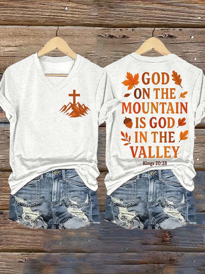 The God of the Mountain is the God of the Valley Women's Autumn Print V-Neck T-Shirt
