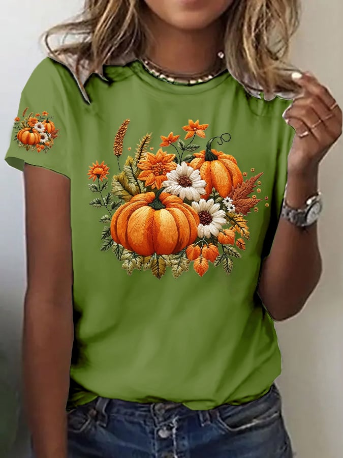 Women's Casual Autumn Pumpkin Short Sleeve T-shirt