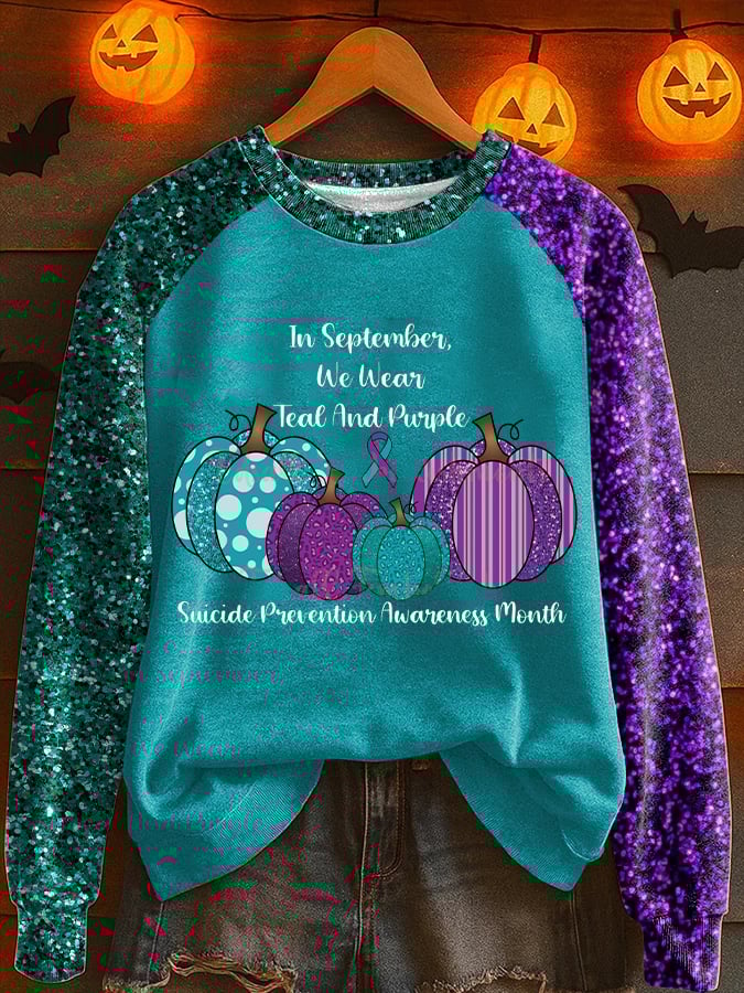 Women's In September We Wear Teal And Purple Suicide Prevention Awareness Print Raglan Sleeve Sweatshirt