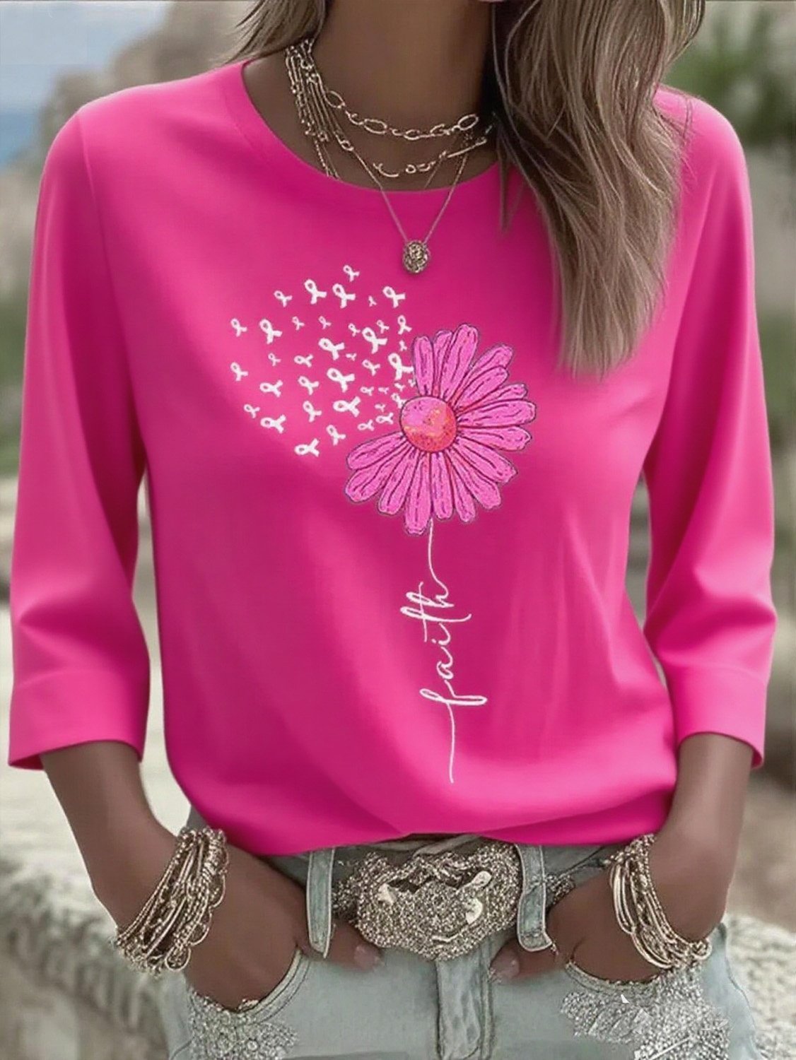Women's Breast Cancer Faith Printed T-Shirt