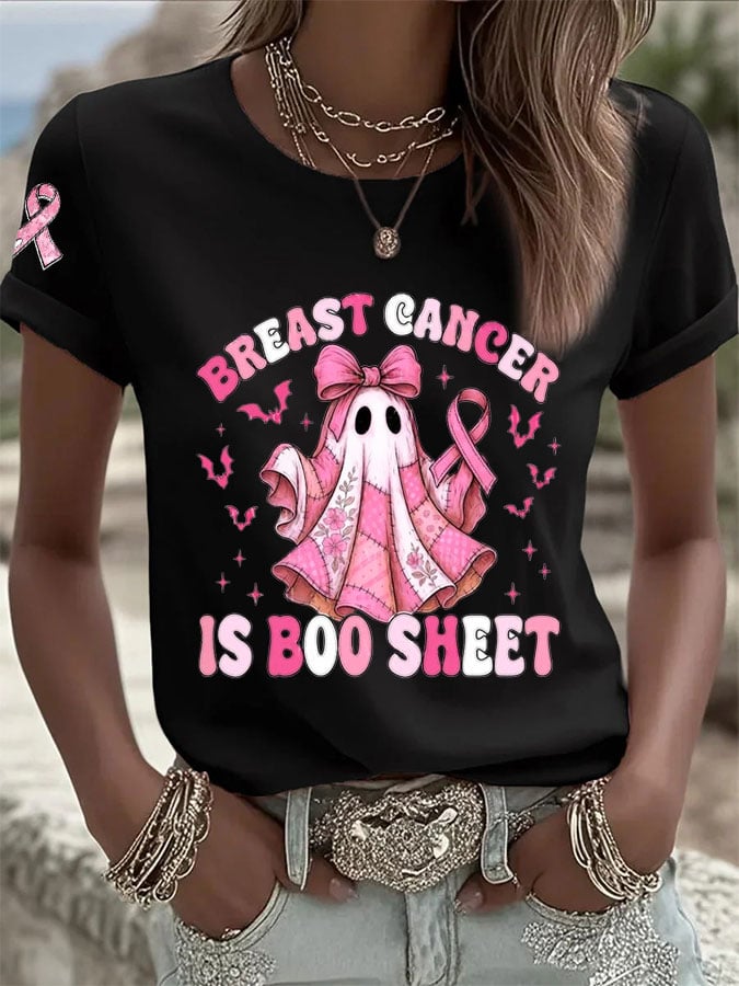Women's Casual Retro Breast Cancer is Boo Sheet Ghost T-Shirt