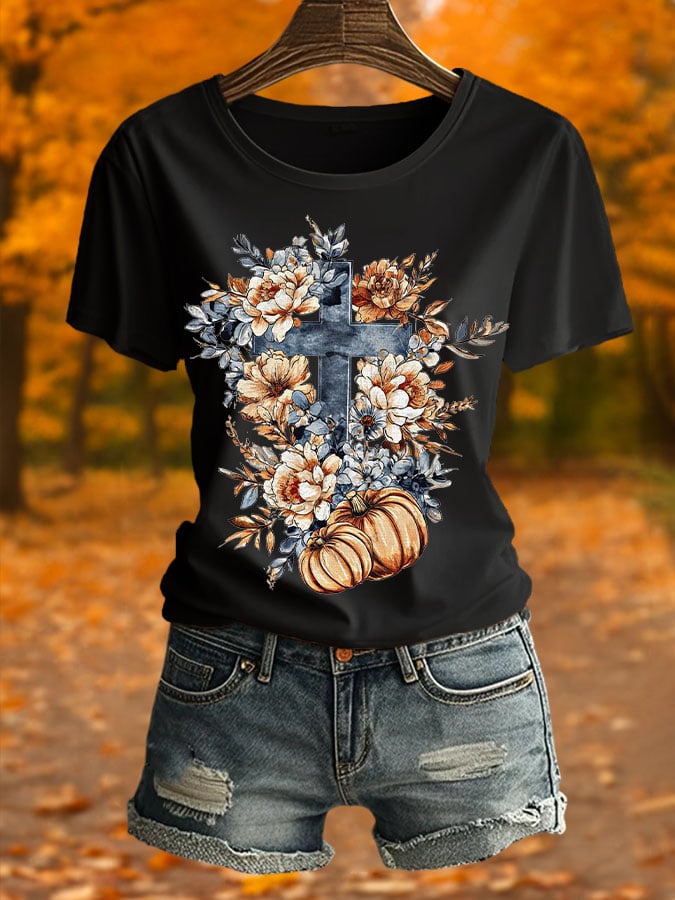 Women's Retro Autumn Pumpkin Print T-Shirt