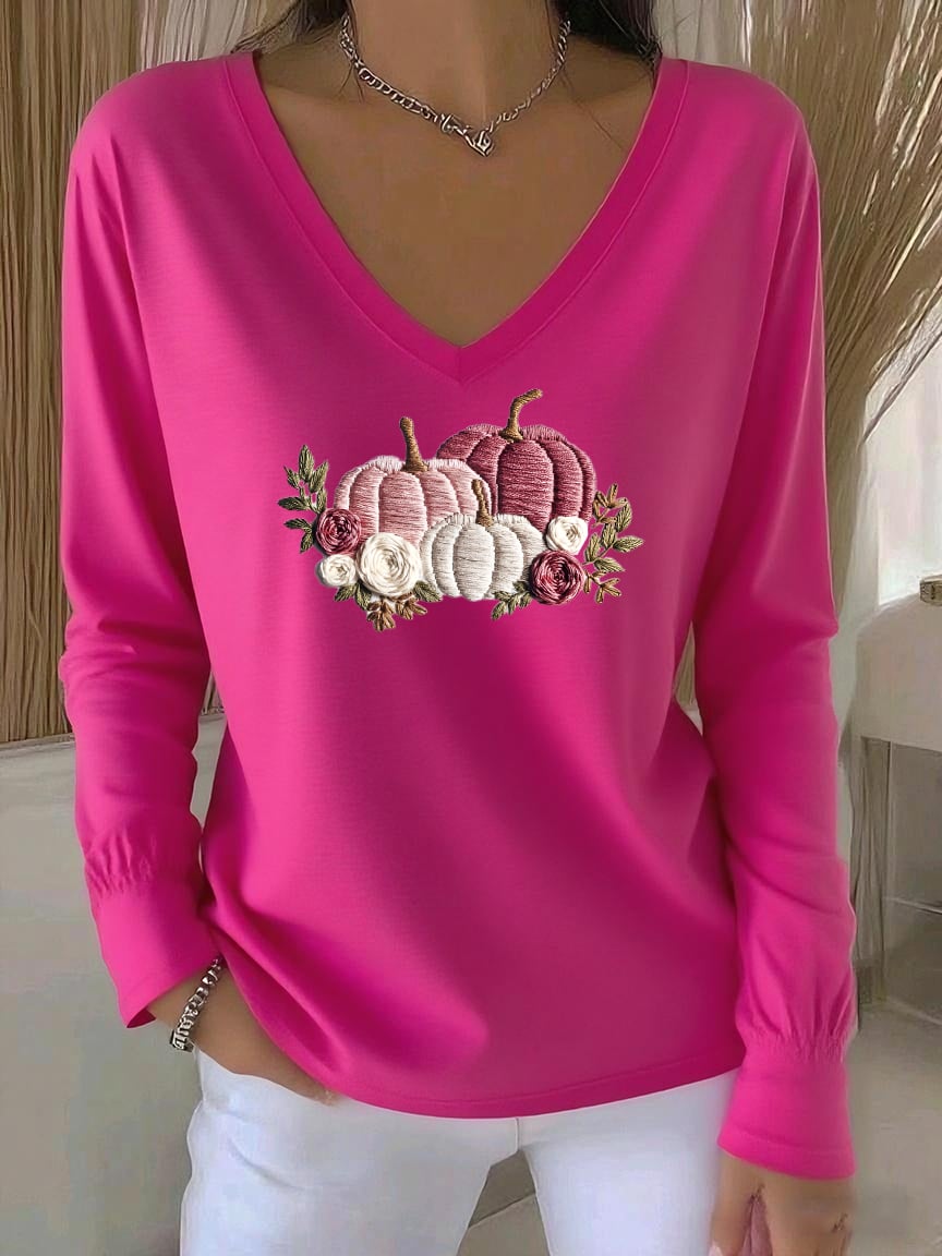Women's Casual Pink Long-Sleeved T-Shirt