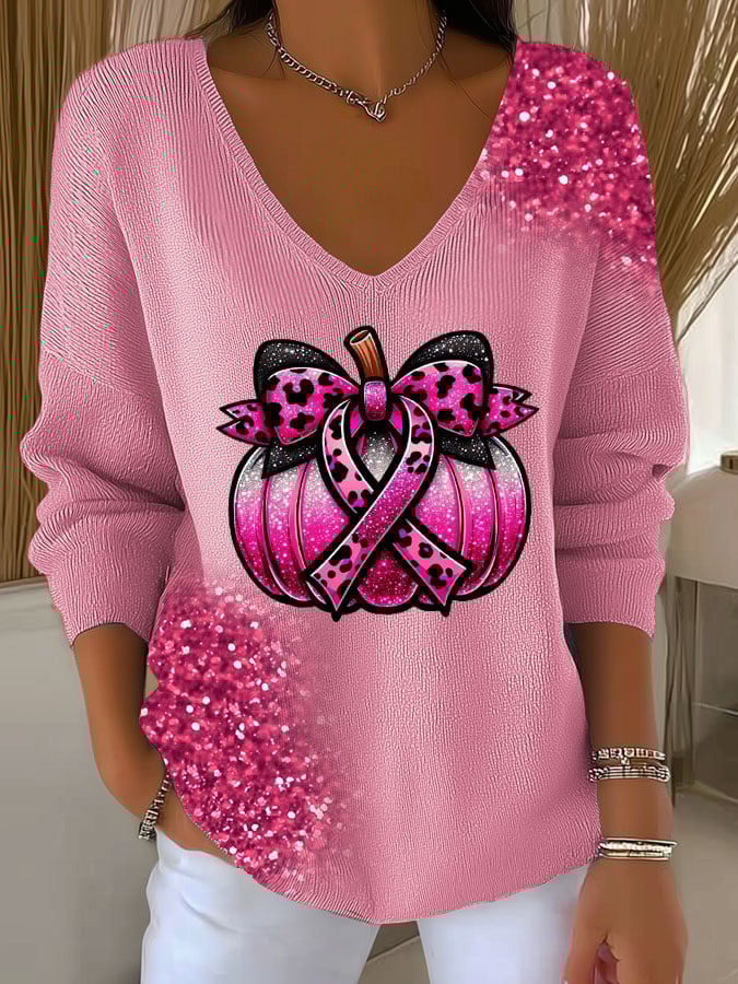 Women's Breast Cancer Sequin Pumpkin Print Casual Striped Fabric Long Sleeve T-Shirt