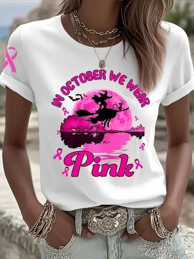 Women's In October We Wear Pink Breast Cancer Witch Print Casual T-shirt