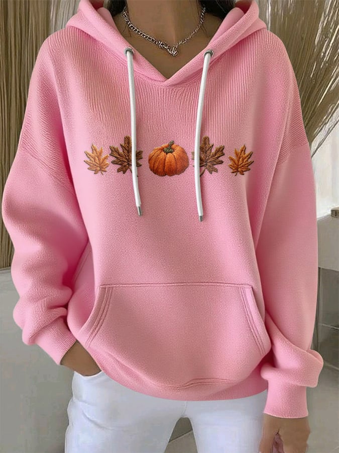 Women's Casual Maple Leaf Pumpkin Autumn Long Sleeve Hoodie