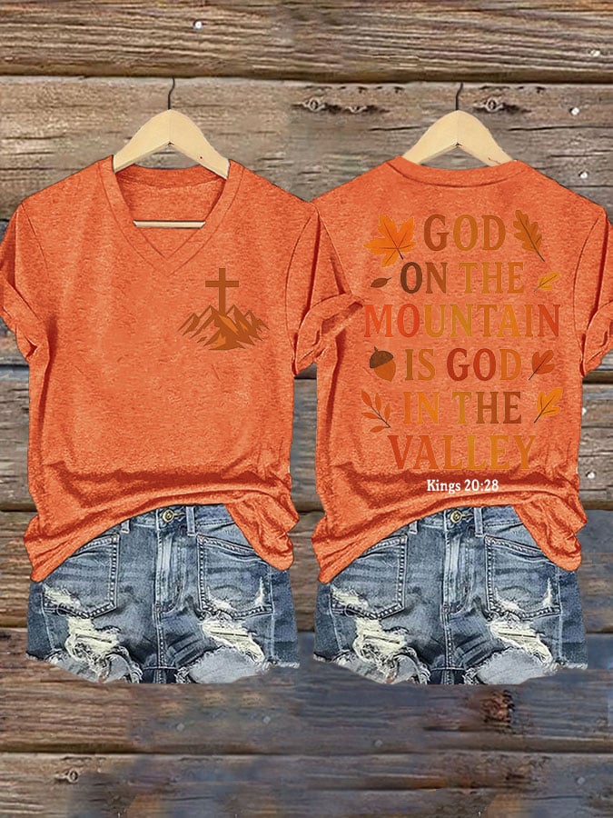 The God of the Mountain is the God of the Valley Women's Autumn Print V-Neck T-Shirt