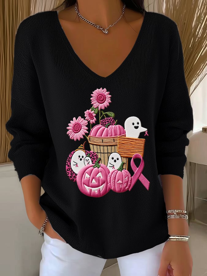 Women's Casual Pink Pumpkin Ghost Print Striped Long Sleeve Top