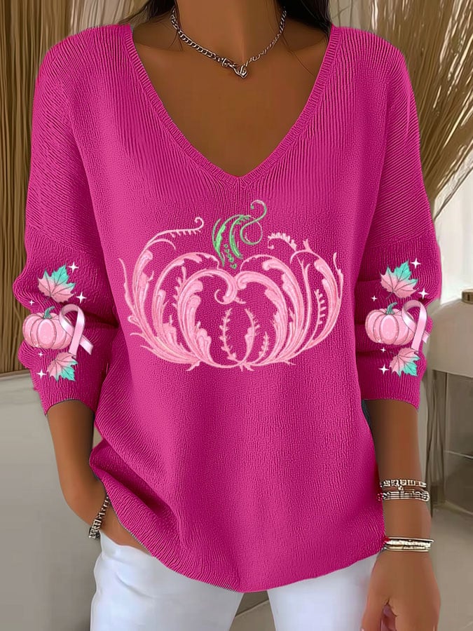 Women's Breast Cancer Sequin Pumpkin Print Casual Striped Fabric Long Sleeve T-Shirt