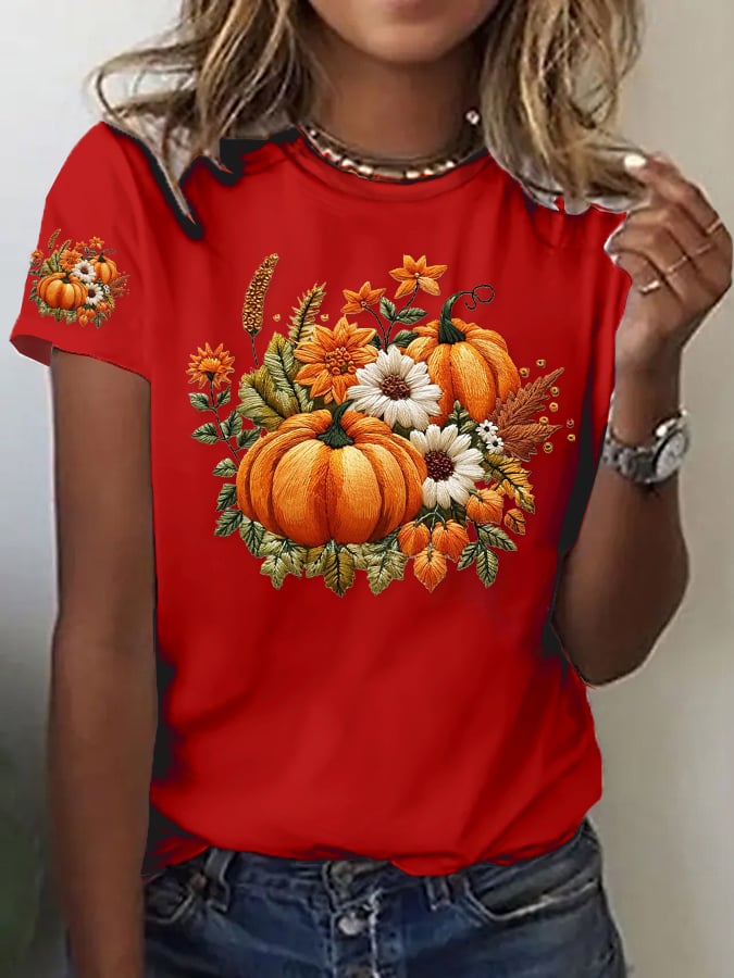 Women's Casual Autumn Pumpkin Short Sleeve T-shirt
