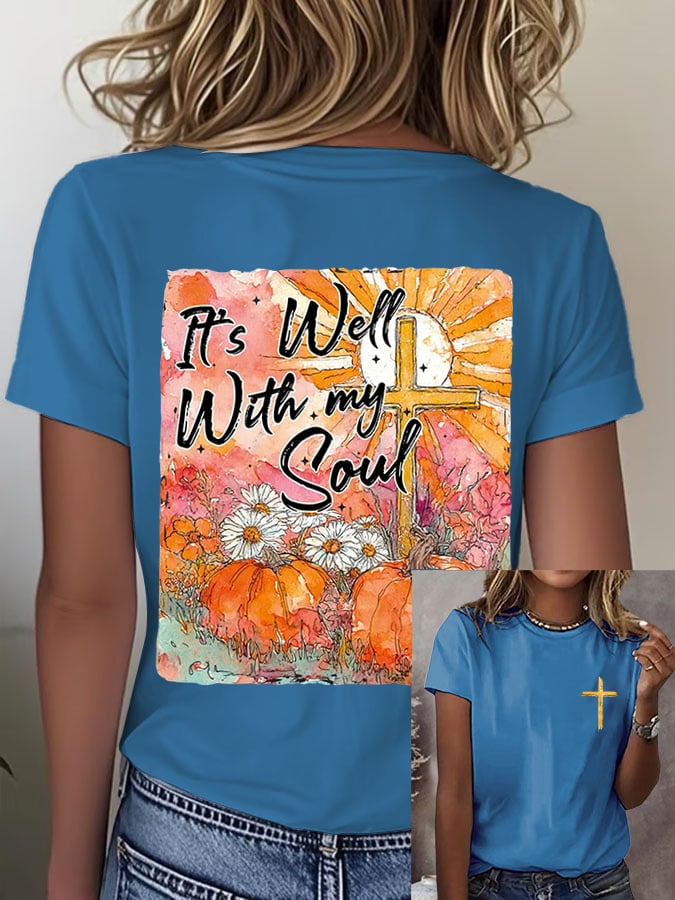Women's Retro Fall Bible Its Well My Soul Print T-Shirt