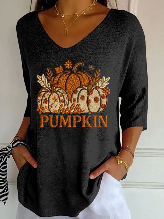 Women's Pumpkin Print Ribbed Fabric Casual V-Neck T-Shirt