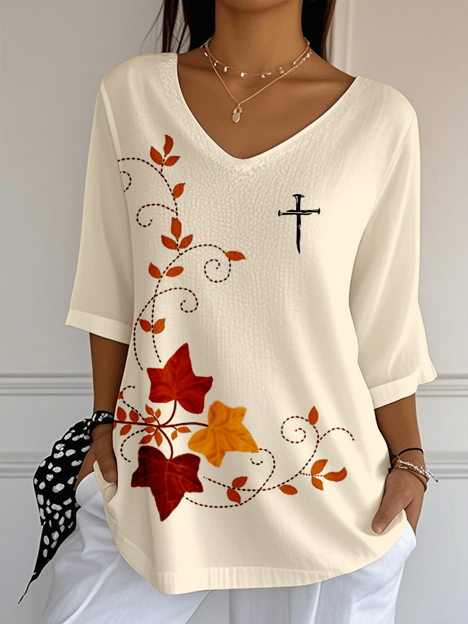 Women's Autumn Maple Leaf Faith Print Jacquard Fabric Casual V-Neck Top