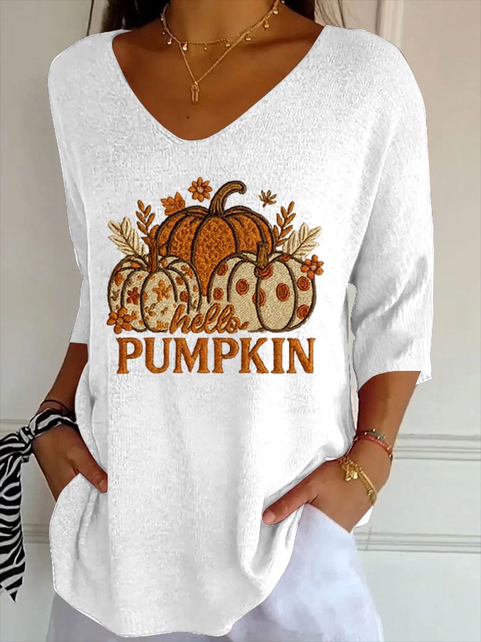 Women's Pumpkin Print Ribbed Fabric Casual V-Neck T-Shirt