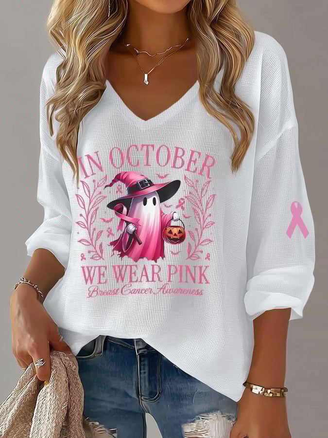 Women's Casual In October We Wear Pink Waffle Long-Sleeved T-Shirt