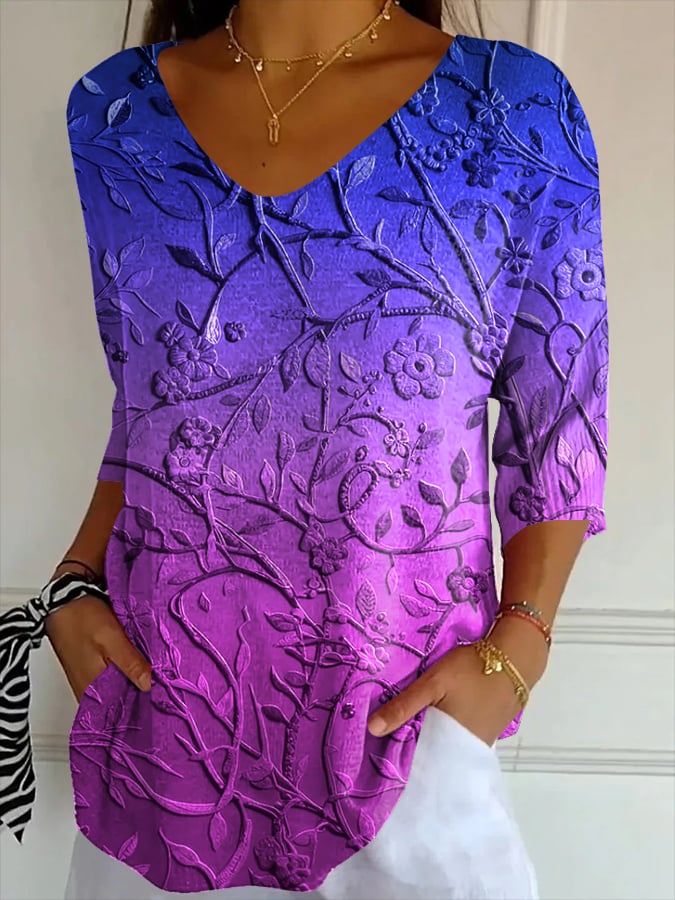 Women's Casual Mental Health Art Striped Three-Quarter Sleeve Top