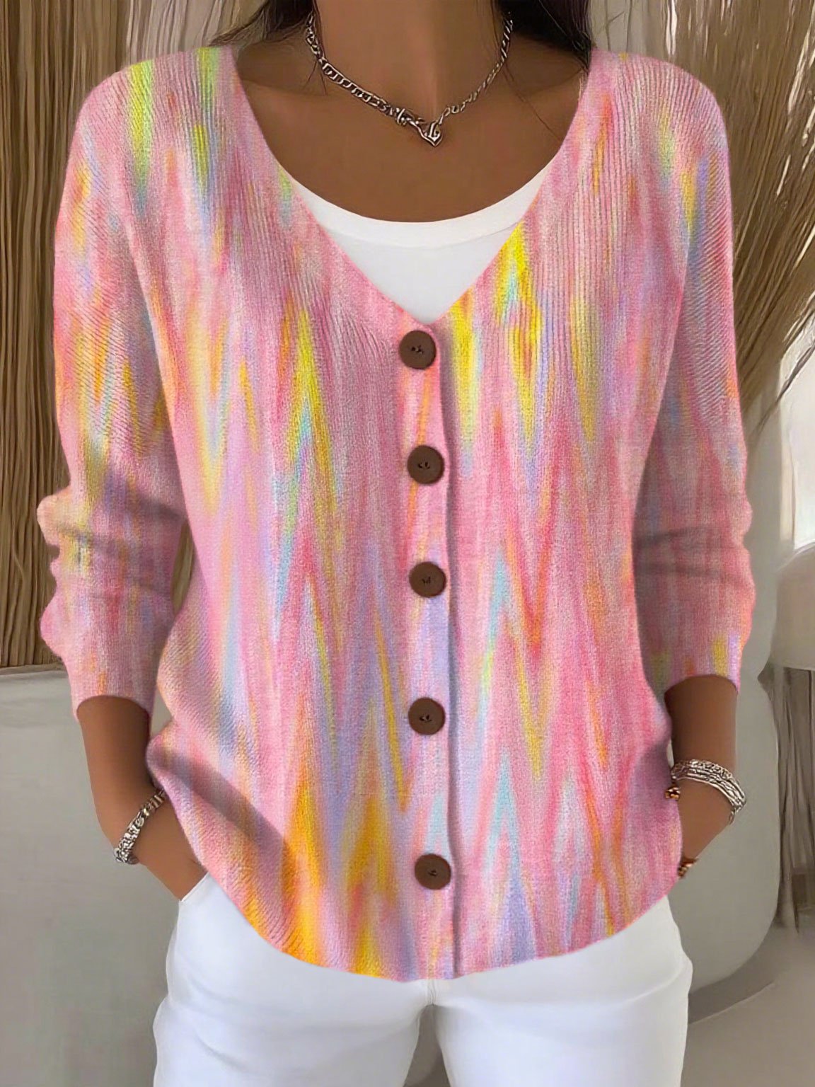 Women's Breast Cancer Gradient Print Thick Needle Drawstring Cardigan