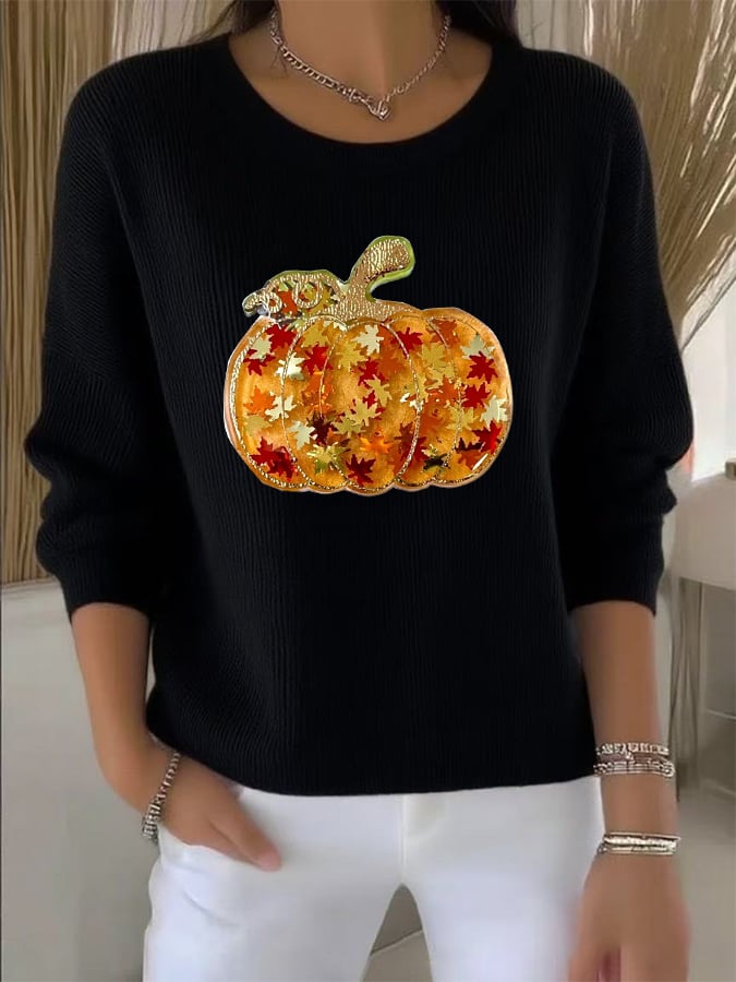 Women's Casual Maple Leaf Pumpkin Autumn Striped Round Neck Long Sleeve Top