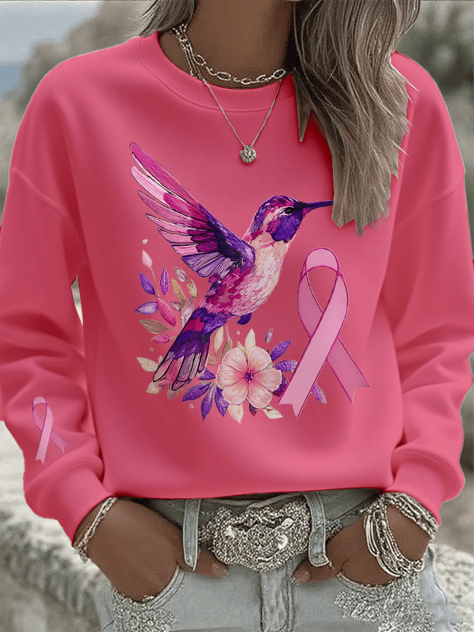 Women's Breast Cancer Hummingbird Print Crew Neck Sweatshirt