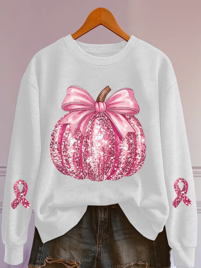 Women's Glitter Pumpkin Breast Cancer Print Sweatshirt
