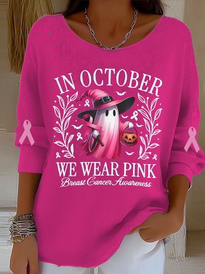 Women's Breast Cancer Awareness In October We Wear Pink Print Long Sleeve T-Shirt