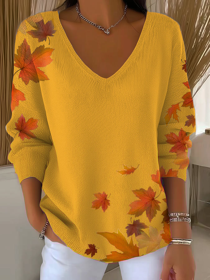 Women's Casual Retro Maple Leaf Striped Long-Sleeved Top