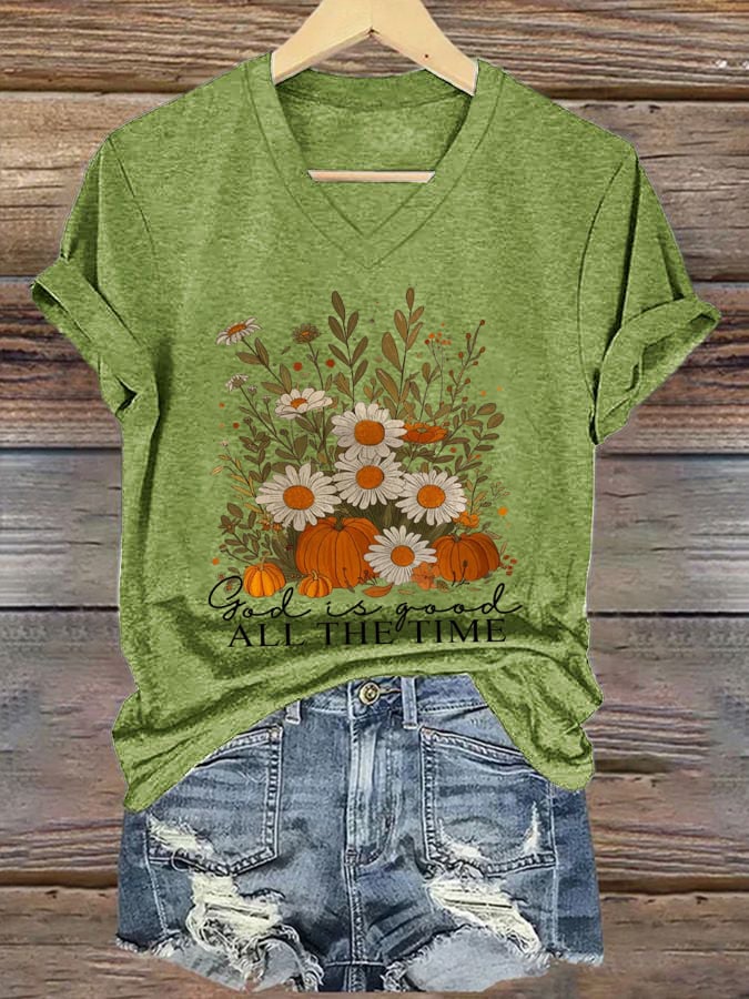 V-Neck Retro Autumn Christianity Print T-Shirt