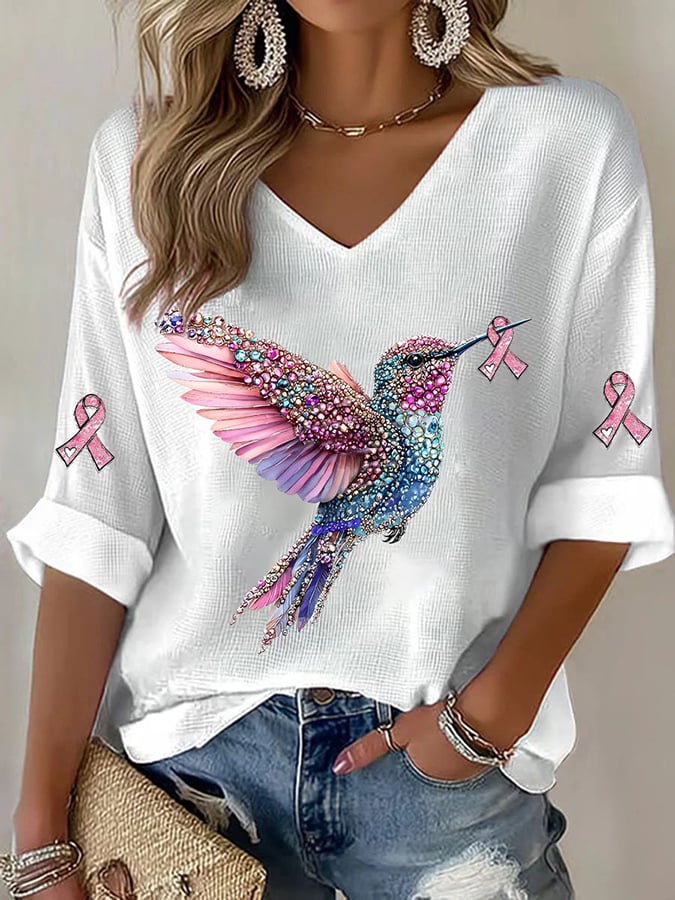 Women's Breast Cancer Hummingbird Print T-Shirt