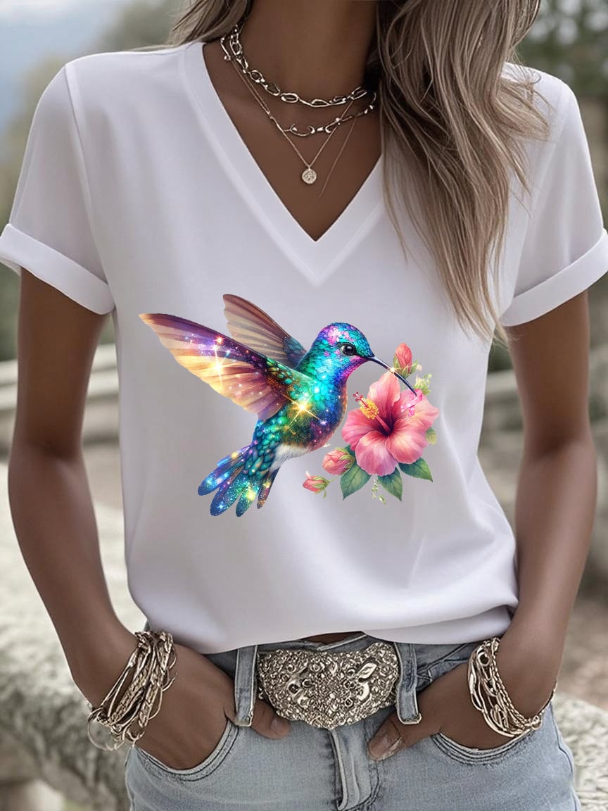 Women's Breast Cancer Awareness Hummingbird And Flower Print Short Sleeve T-Shirt