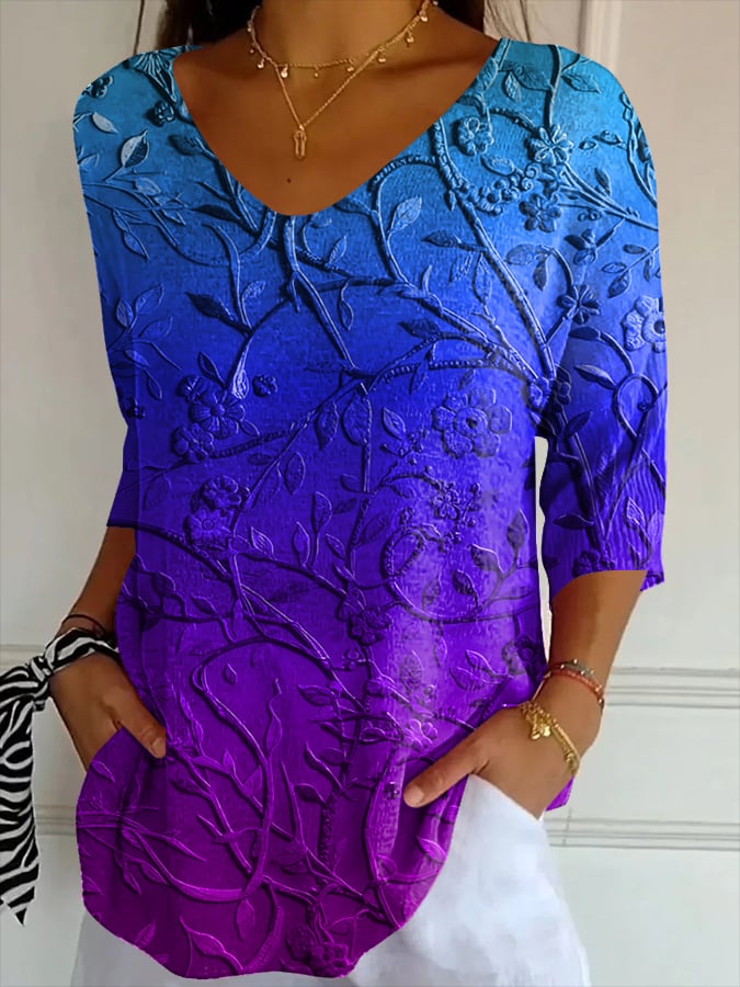 Women's Casual Mental Health Art Striped Three-Quarter Sleeve Top