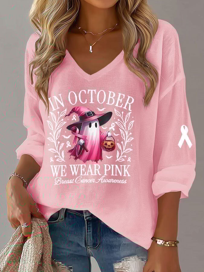 Women's Casual In October We Wear Pink Waffle Long-Sleeved T-Shirt