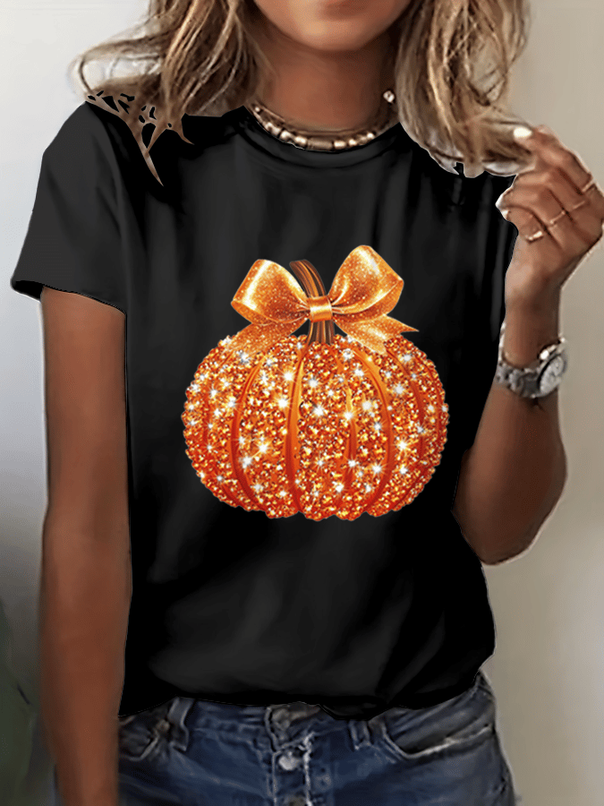 Women's Autumn Sequin Pumpkin Print Crew Neck T-Shirt