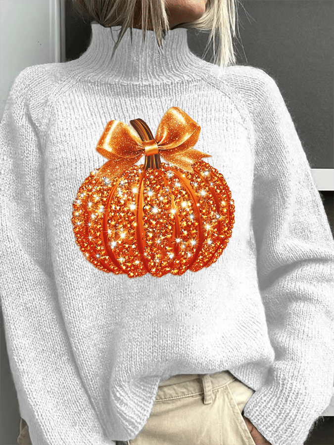 Women's Fall Sequin Pumpkin Turtleneck Sweater