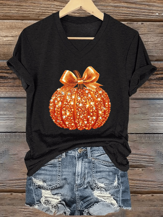 Women's Autumn Sequin Pumpkin Print V-Neck T-Shirt