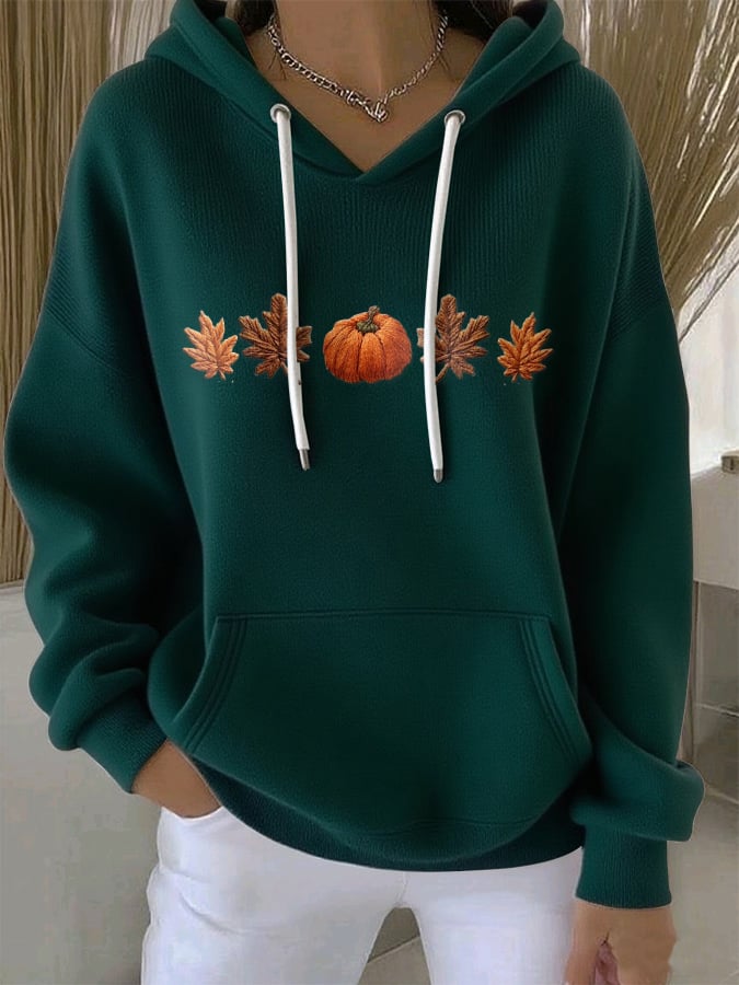 Women's Casual Maple Leaf Pumpkin Autumn Long Sleeve Hoodie